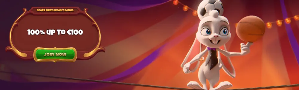 Magius sports bonus banner featuring a rabbit character and 100% match offer